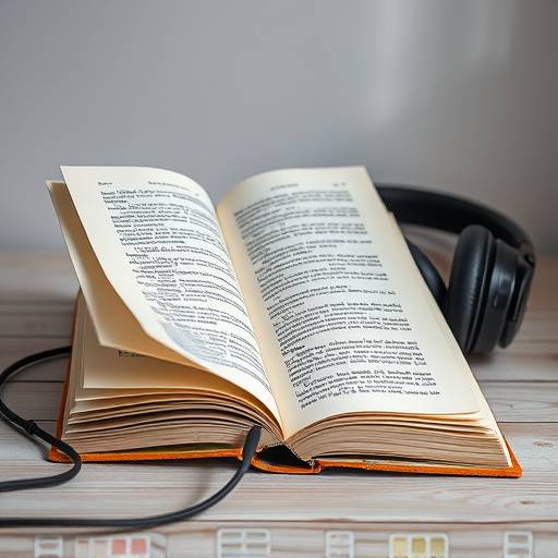 Um livro aberto com fones de ouvido ao lado, simbolizando audiolivros